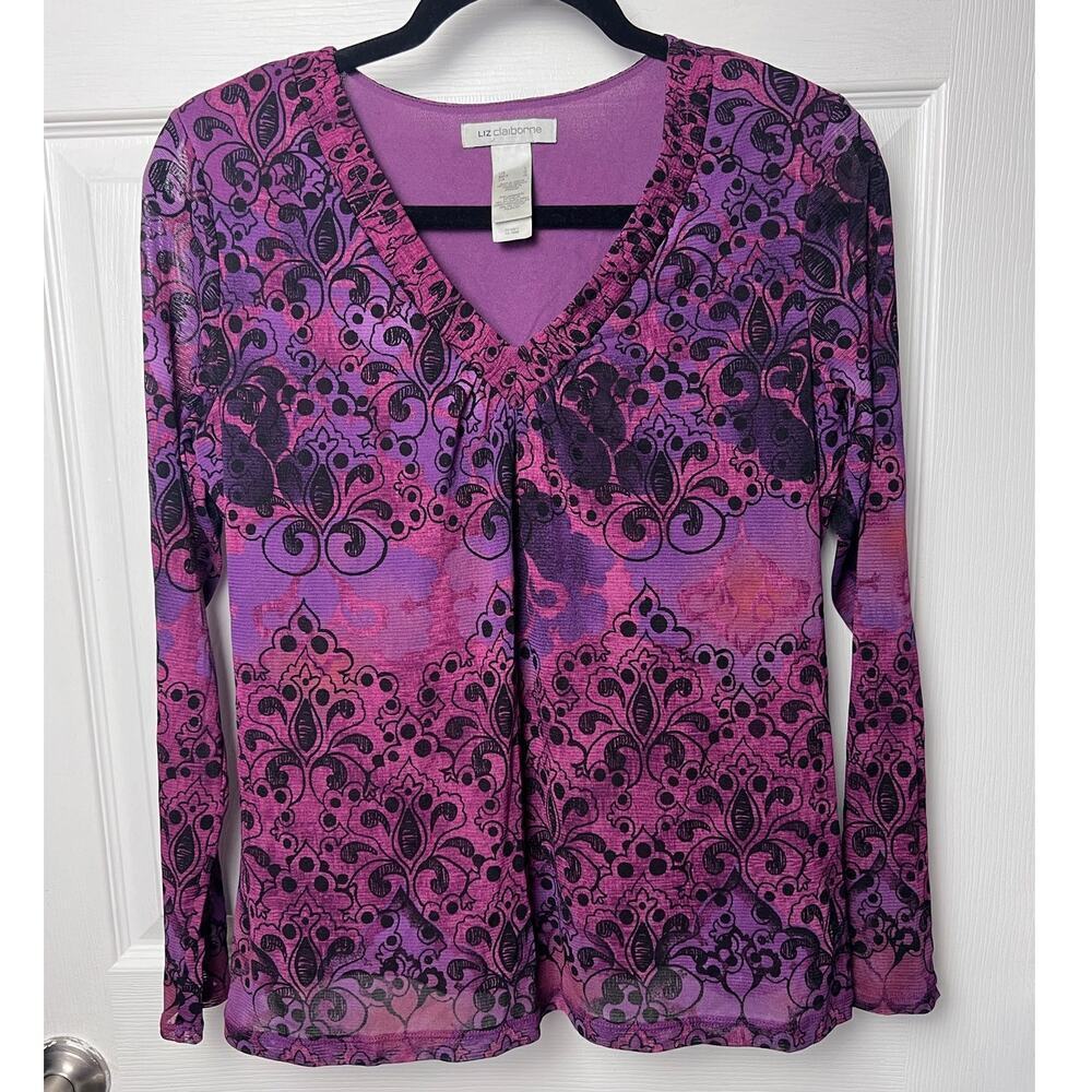 Liz Claiborne V-Neck Layered Mesh Paisley Long Sleeve Women's Top Size Large
